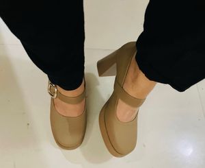 Beige Block-Heel Mary Janes