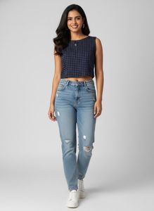 Navy Blue Grid Crop Top