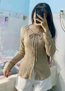 Crushed Fabric Bow Tie Blouse