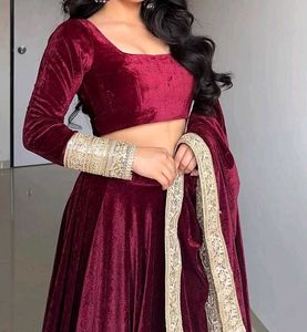 Maroon Velvet Lehenga Choli with Dupatta