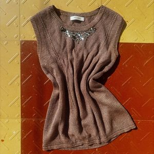 Brown Sleeveless Top with Beads Embellishments