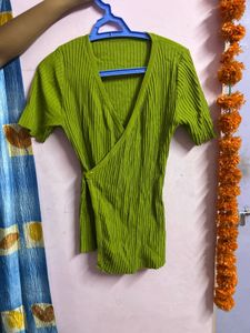 Lime Green Ribbed Wrap Top