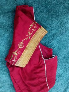 Red Stitched Blouse With Golden Zari
