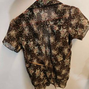 Sheer Floral Print Button-Up Top