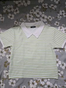 Stylish Green &amp; White Textured Polo Top