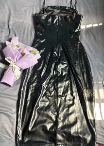 Shiny Black Bodycon Midi Dress