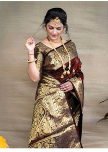 Elegant Maroon &amp; Gold Brocade Saree
