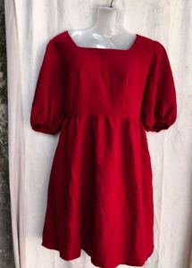 Chic Red Square Neck Puff Sleeve Dress