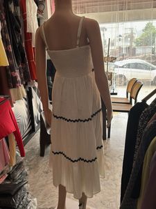 White Tiered Midi Dress with Black Trim