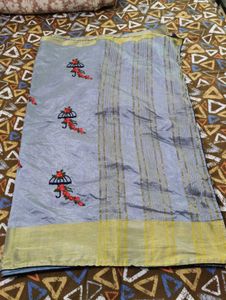 Elegant Grey Embroidered Saree Set