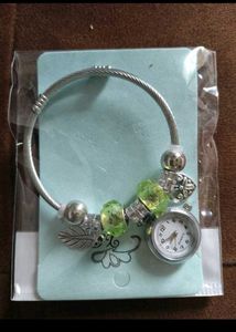 Charm Bangle Watch with Green Beads