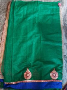 Green And Beige Kundan Work Jute Saree