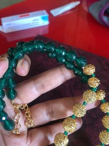 Green And Golden Beeds Beautiful Mala No Earrings