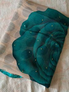 Elegant Cream &amp; Teal Floral Saree
