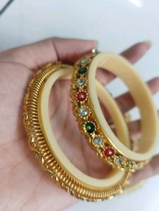 Exquisite Stone-Studded Gold Bangles