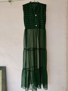 M size long flared cut out bottle green kurti