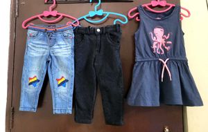 Baby Girl Dress + 2 branded Jeans Combo