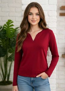 Women's Maroon Long Sleeve V-Neck Top | casual
