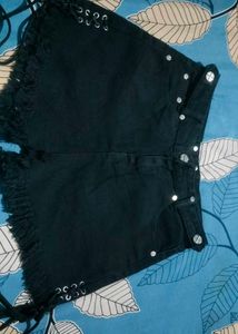 Black Denim Shorts with Fringe and Grommets