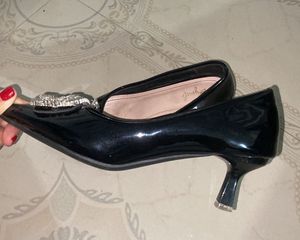 Black Patent Heels with Rhinestone Buckle