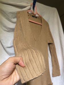 Camel Ribbed Knit Midi Dress