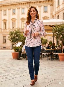 Pink Chain Print Blouse with Tie Neck