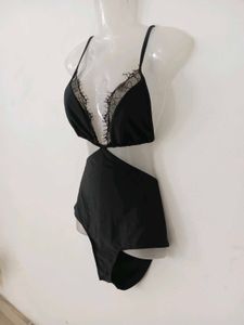 Black Lace Trim One-Piece Swimsuit