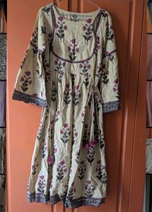 Beige Block Print Boho Kurta with flare