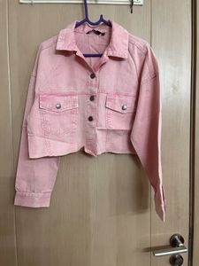 Pink Cropped Denim Jacket