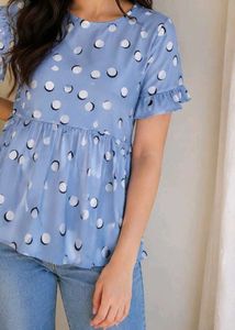 Blue Polka Dot Ruffle Sleeve Top