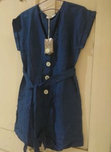 Chic Blue Button-Front Romper with Belt