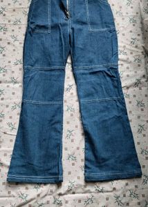 Blue Denim Flare Pants with Pockets