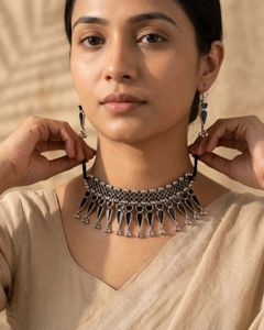 Black &amp; Silver Oxidised Choker Set