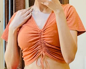 Orange Ruched Drawstring Crop Top