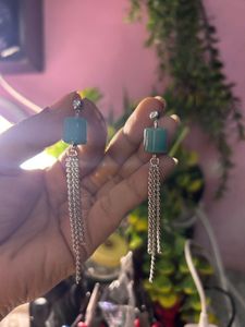 Chunky Turquoise Drop Earrings with Silver Chains