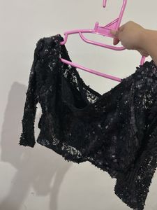 Sequin Embellished Black Crop Off shoulder Top