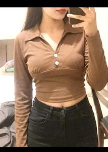 Chic Brown Collared Crop Top