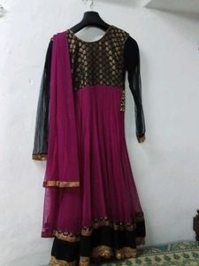 Elegant Magenta &amp; Black Anarkali Dress