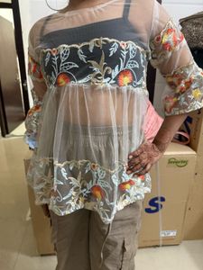 Sheer Embroidered Bell Sleeve Tunic Top