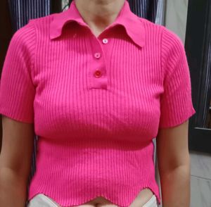 Hot Pink Cropped Polo Top