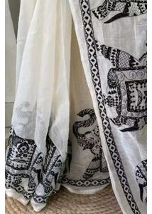 Elegant White Elephant Print Saree