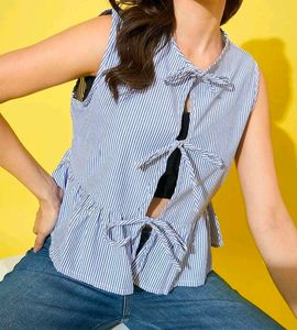Striped Tie-Front Sleeveless Top