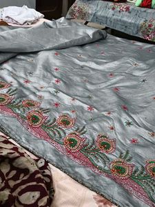 Elegant Silver Embroidered Saree not add blouse