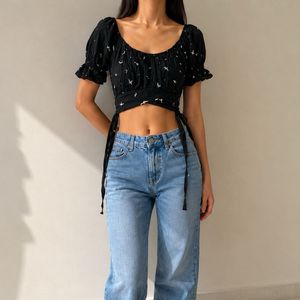 Goa Black Bird Print Wrap Crop Top🐦‍⬛