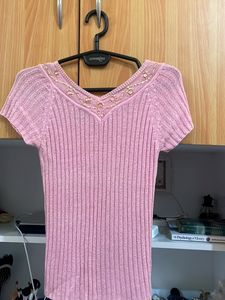 Powder Pink V Neck Stretchable Top