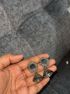 Elegant Oxidised Silver Jhumka Earrings with Mirro