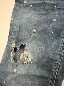 Distressed Pearl Embellished Denim Jeans