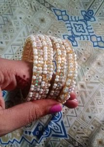 Set of 4 Pearl &amp; Gold Bangles