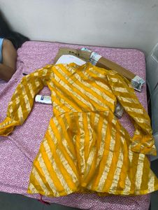 Vibrant Yellow &amp; Gold Striped Kurta Set