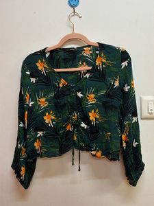 Green Floral Ruched Crop Top